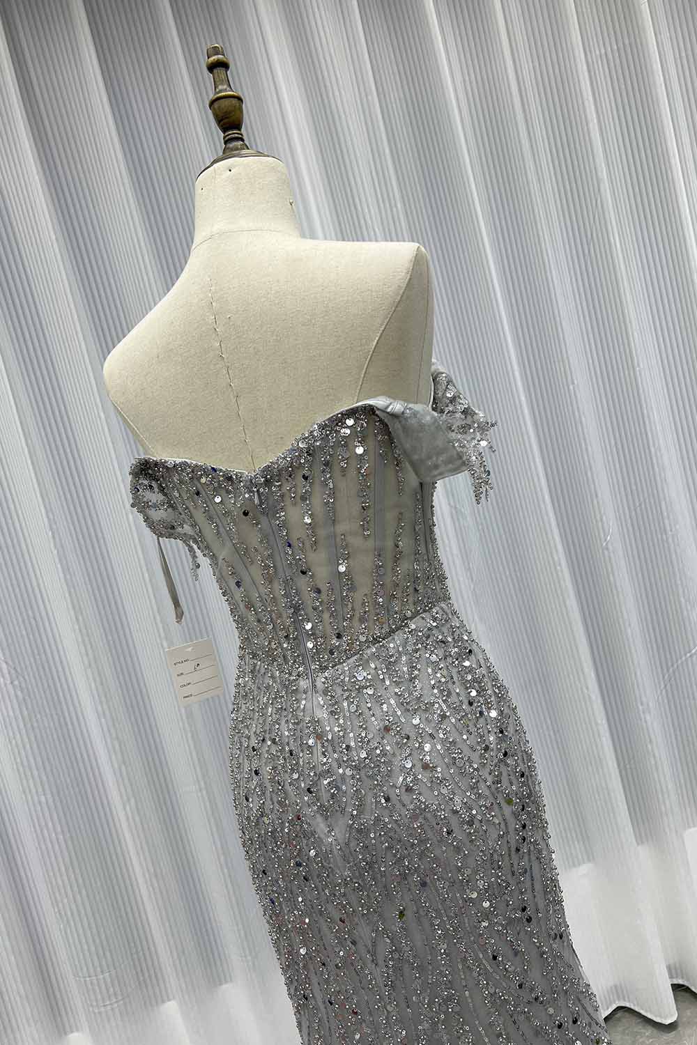 Sliver Off The Shoulder Long Prom Dresses Slit Sequined Beaded Women Party Dress