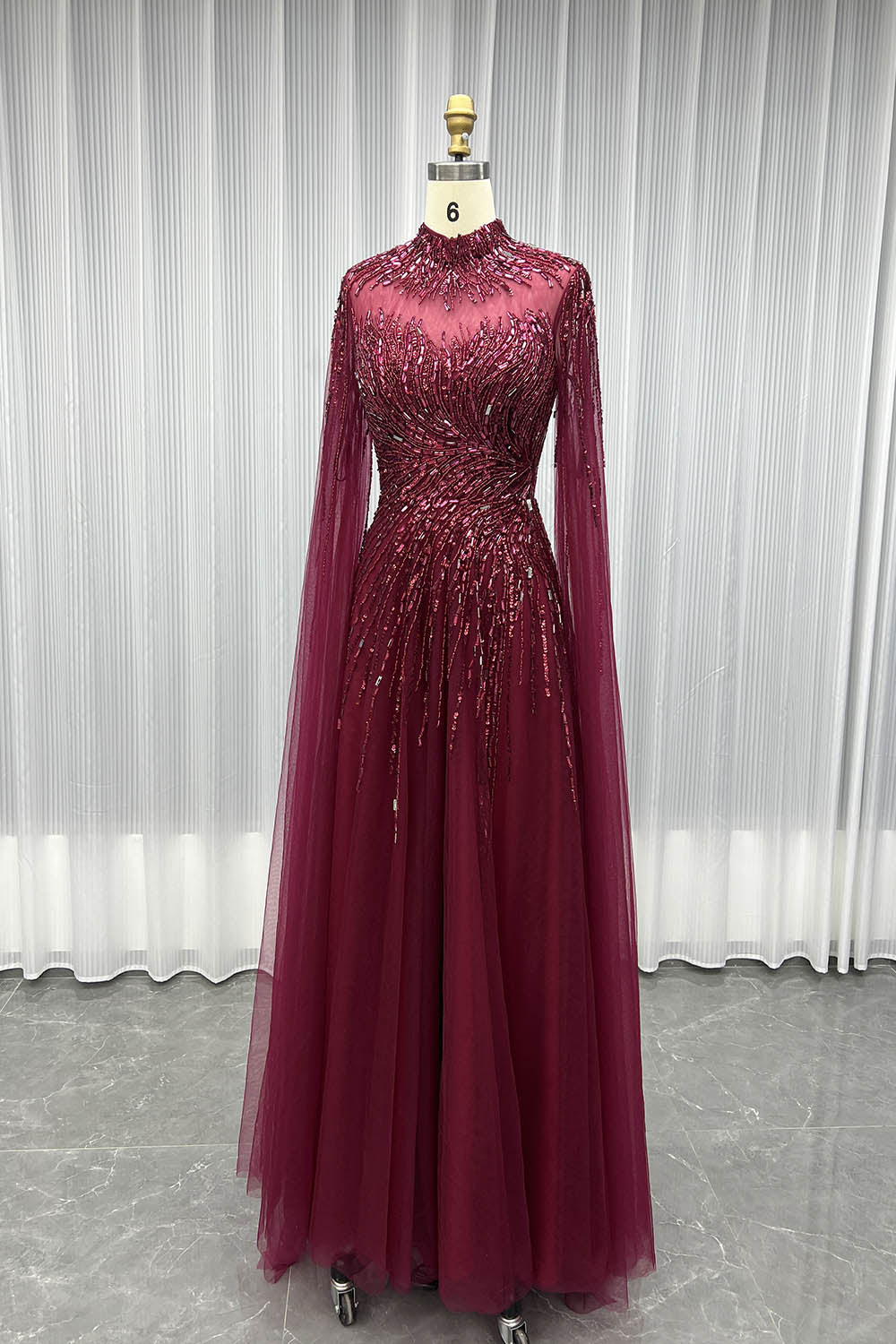 2025 Muslim Burgundy Full Sleeve Evening Dress Dubai Crystals Party Dress