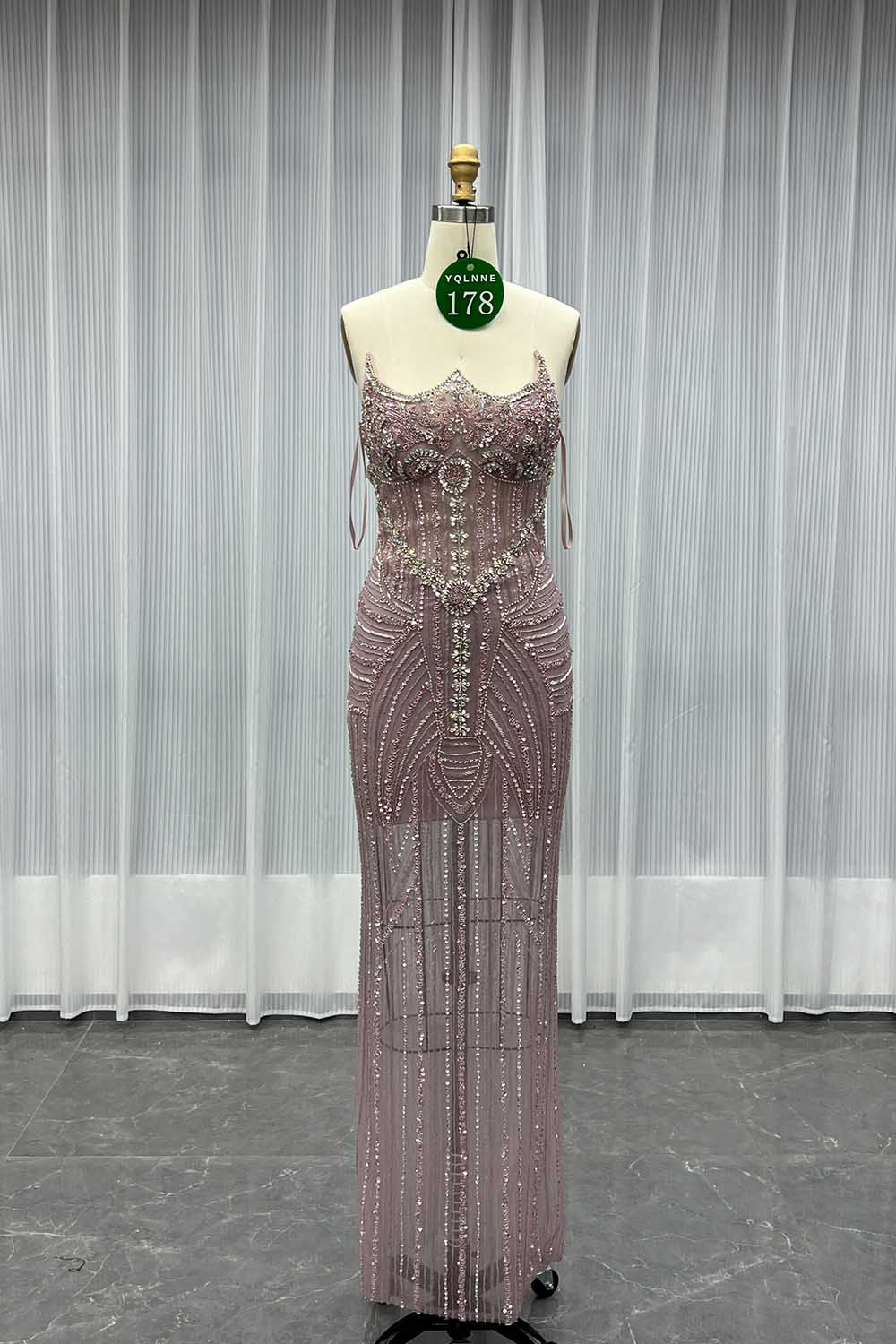 YQLNNE 0178 Pink Feathers Crystals Beaded Evening Dress Mermaid Removable Train