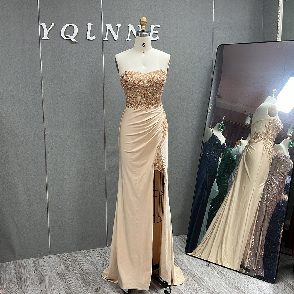 YQLNNE Champagne Strapless Fitted High Slit Satin Prom Dresses