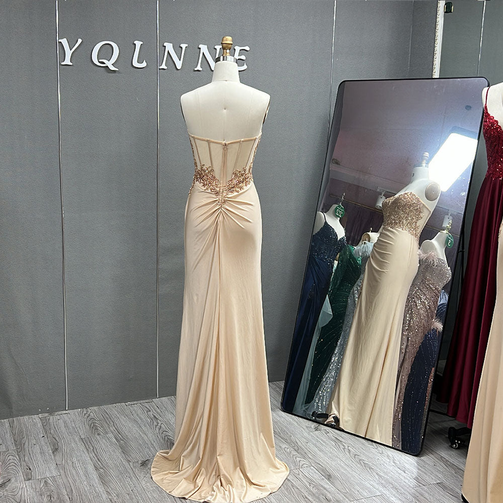 YQLNNE Champagne Strapless Fitted High Slit Satin Prom Dresses