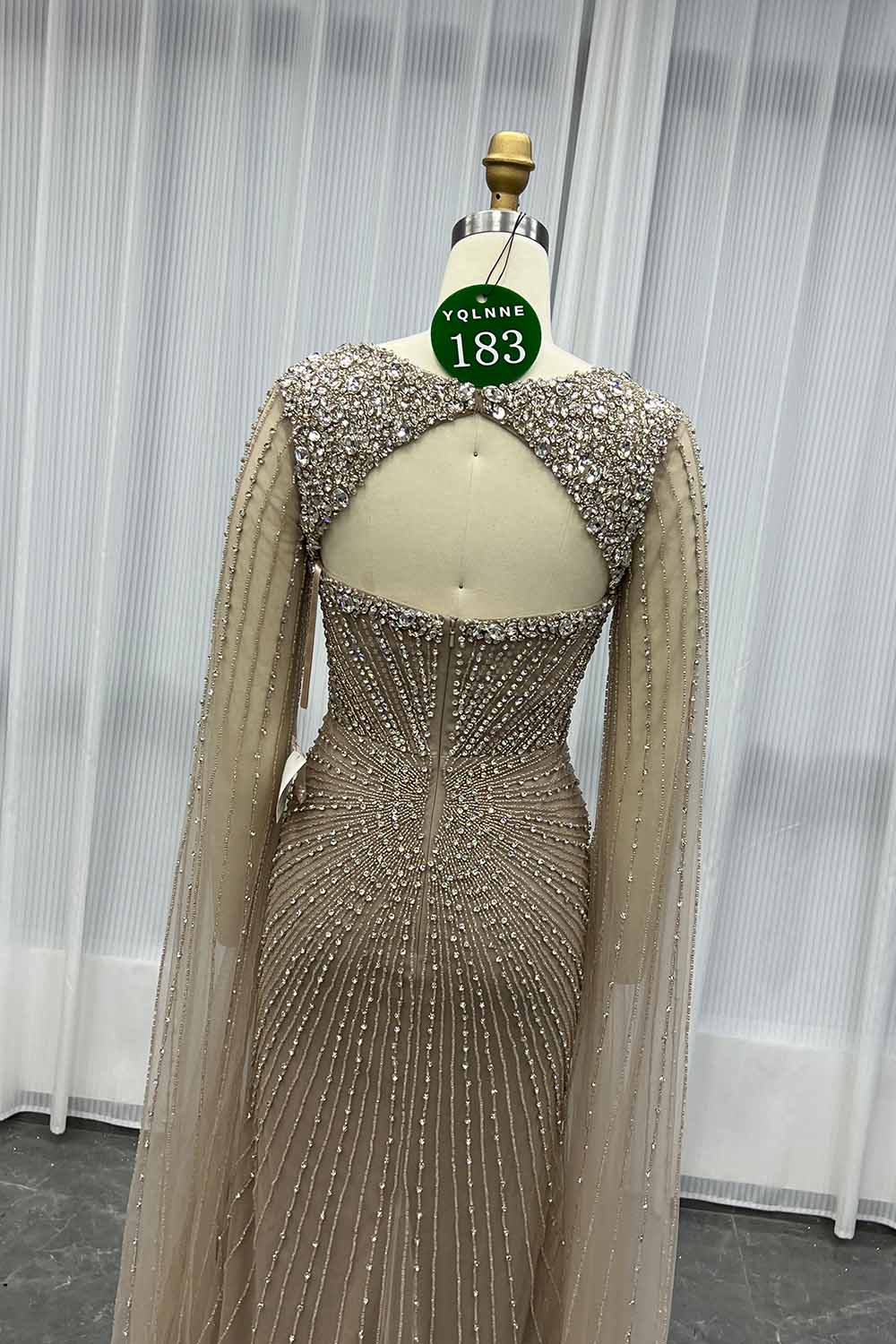 YQLNNE 0183 Luxury Pink Crystals Beaded Evening Dress Long Cape Sleeves
