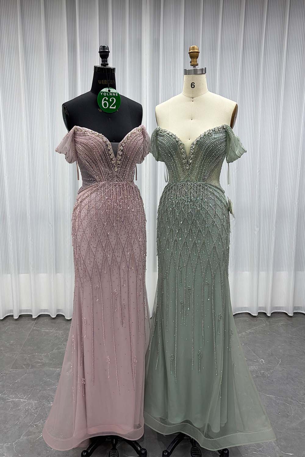YQLNNE 062 Sage Crystals Mermaid Evening Dress Off the Shoulder