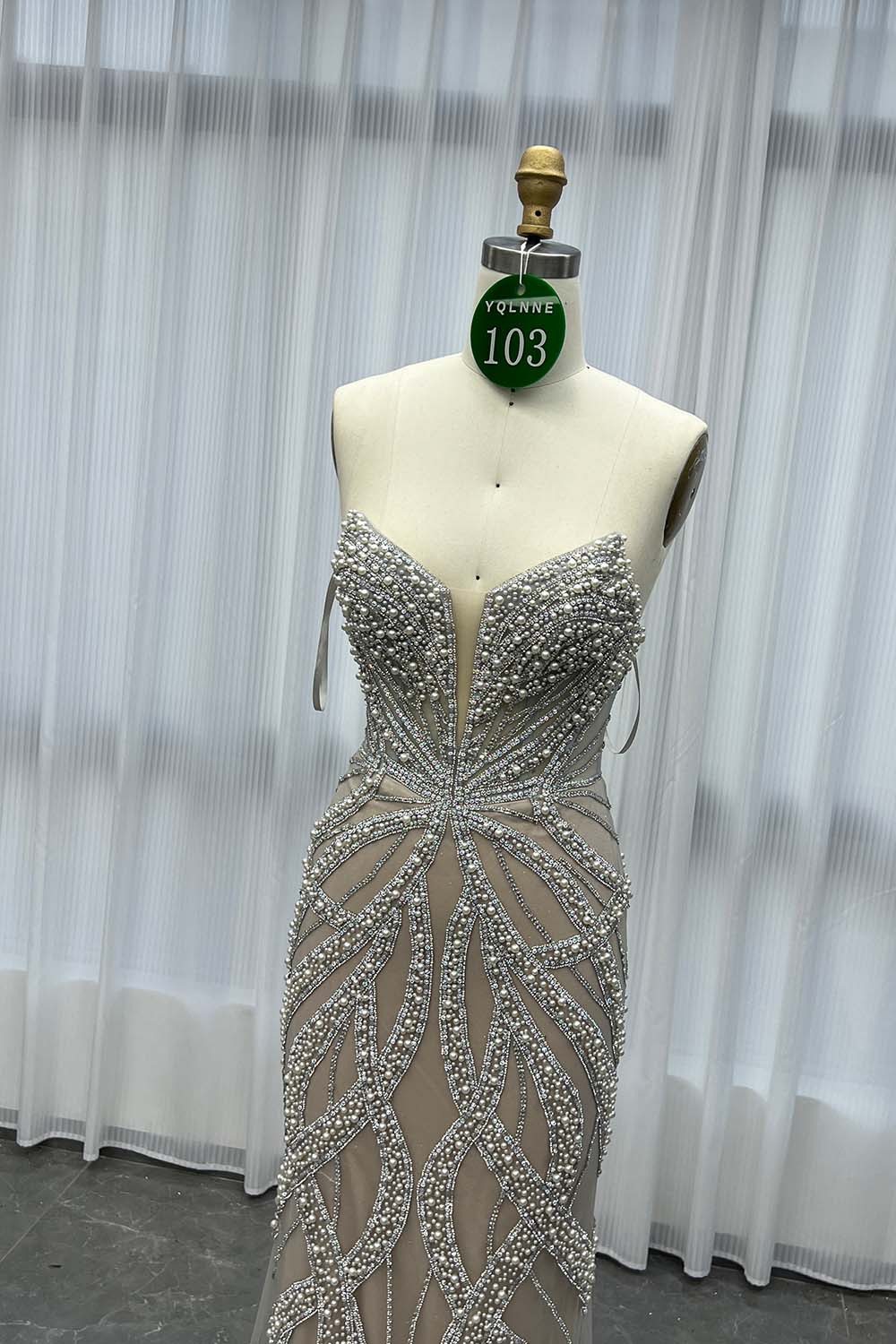 YQLNNE 0103 Silver Nude Long Prom Dress With Crystals Pearls