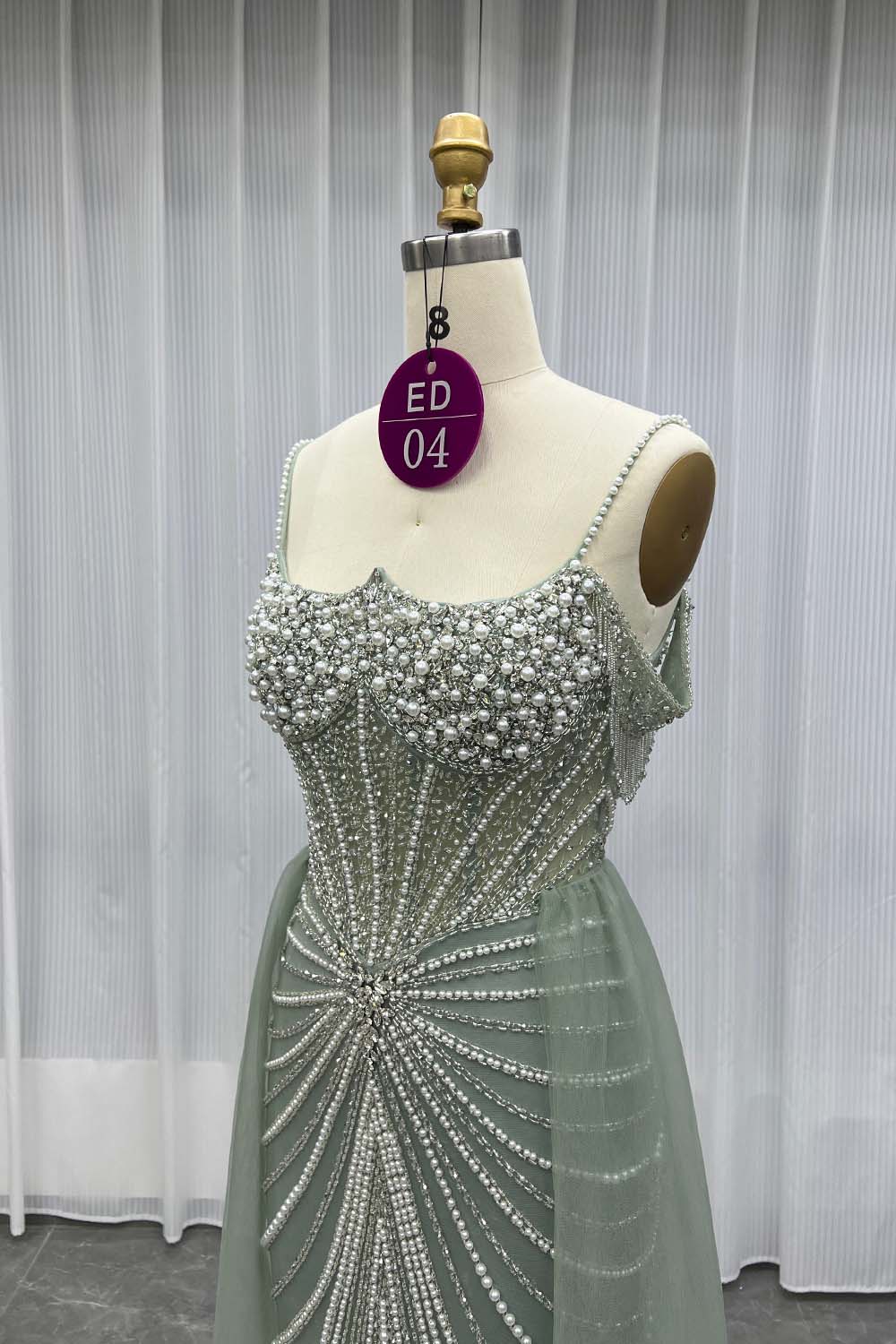 YQLNNE ED04 Sage Green Crystals Beaded Evening Dress With Removable Train