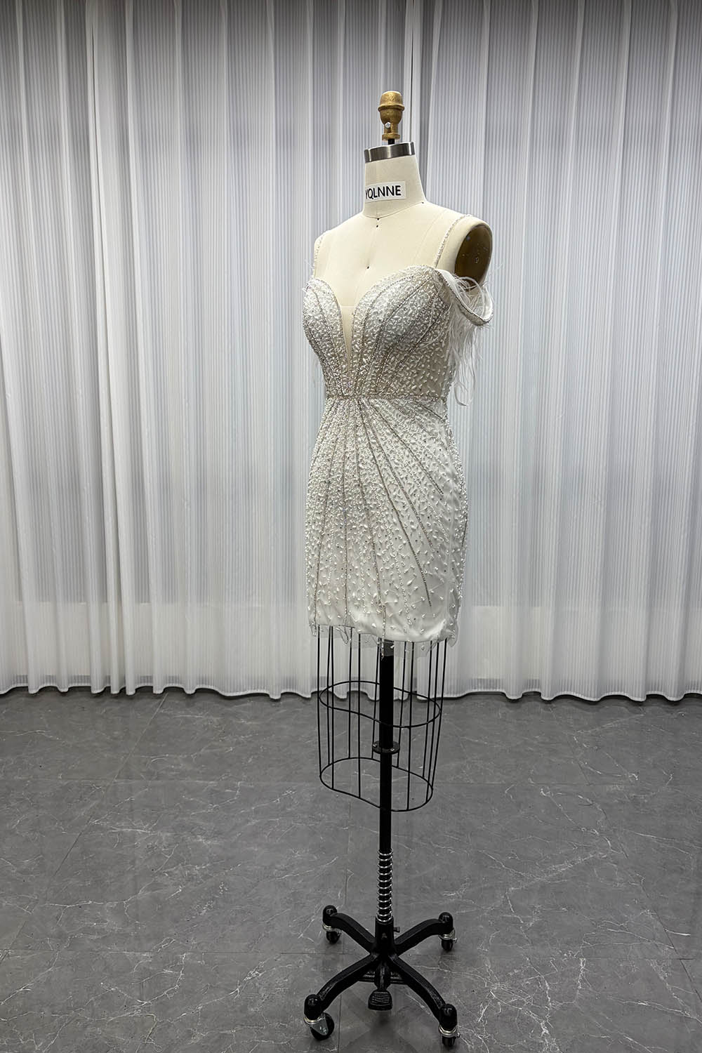 YQLNNE White Short Feathers Party Dress Handmade Crystals Beaded