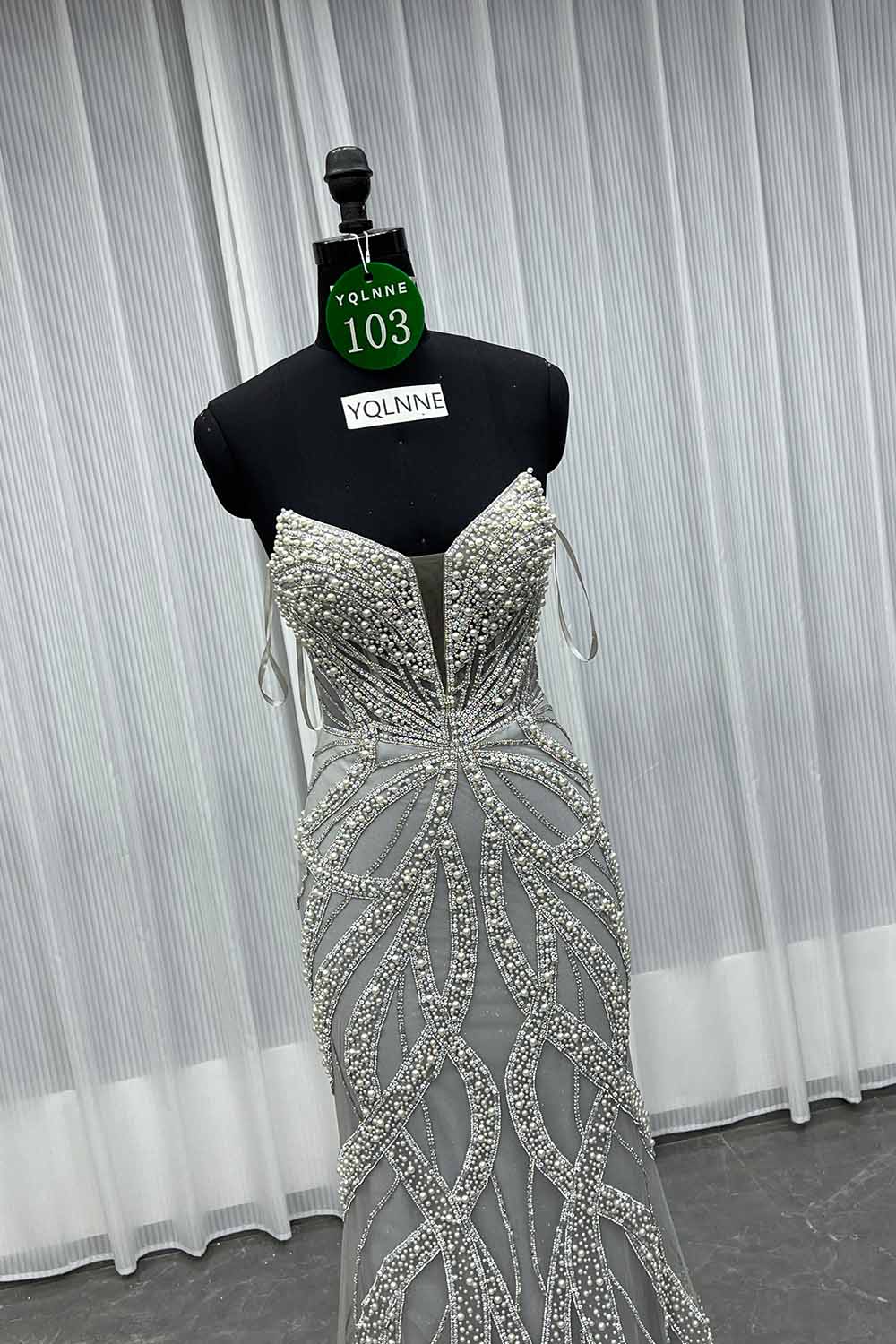 YQLNNE 0103 Silver Pearls Crystals Long Mermaid Evening Dress
