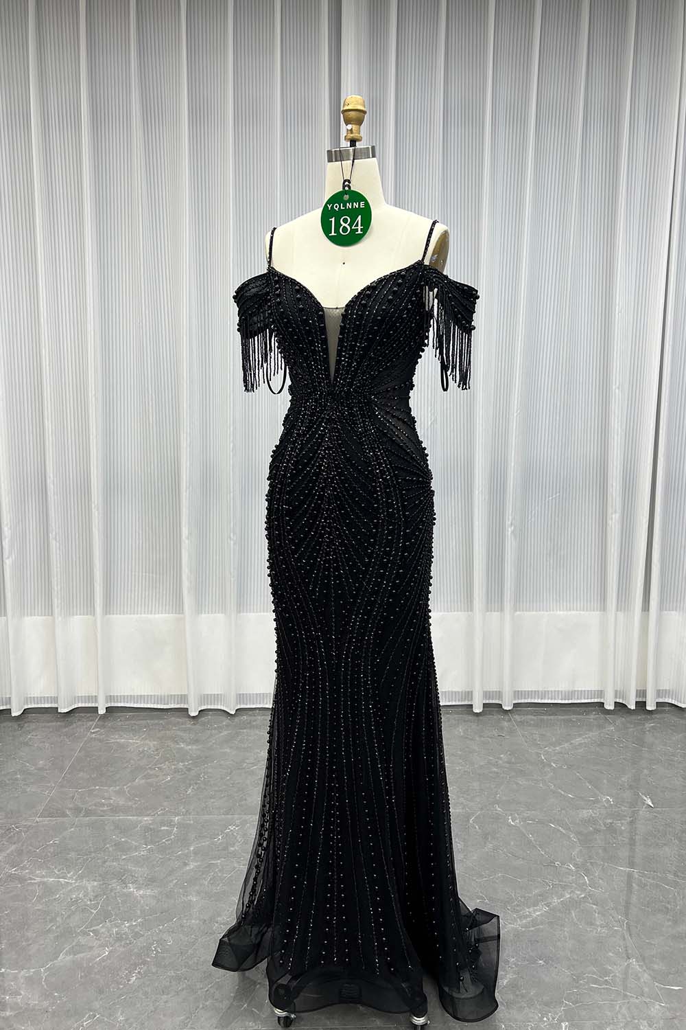 YQLNNE 0184 Black Beaded Mermaid Long Evening Dress Prom Gown