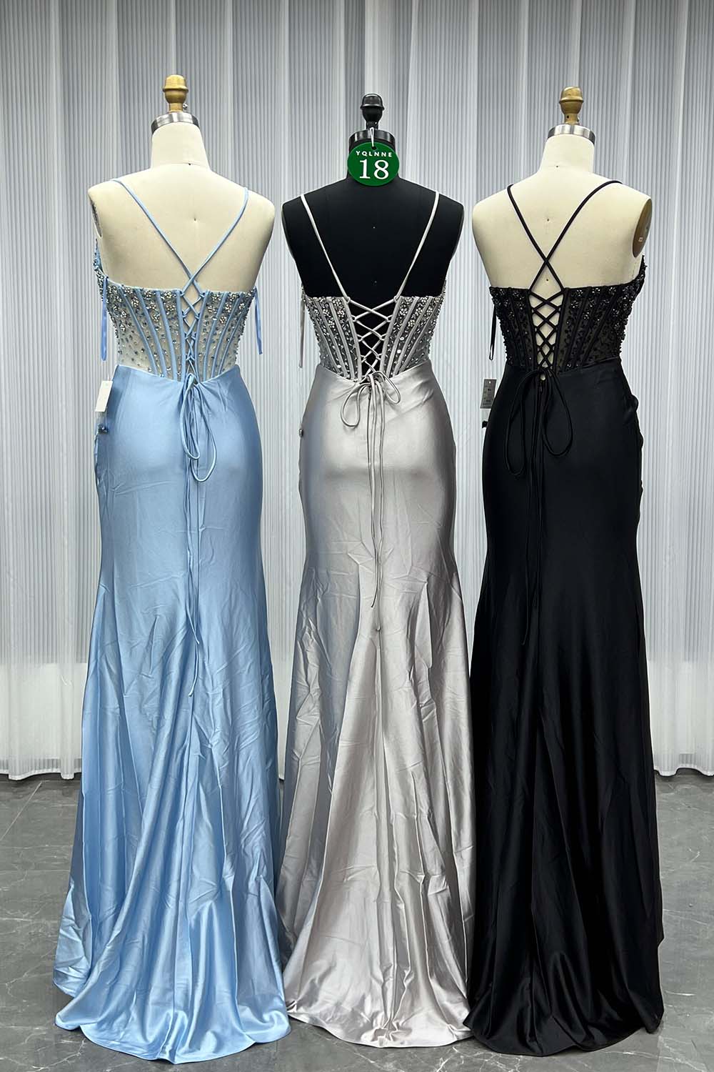 YQLNNE 018 Black Crystals Slit Prom Dresses Long Satin Evening Gown Lace-up