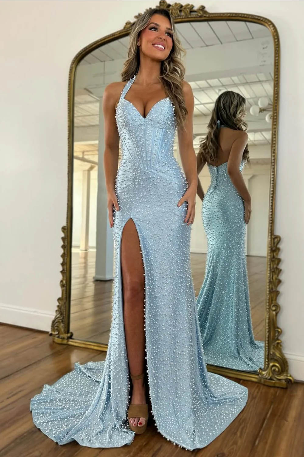 Gorgeous Light Blue Halter Mermaid Slit Prom Dress With Beaded Pearls