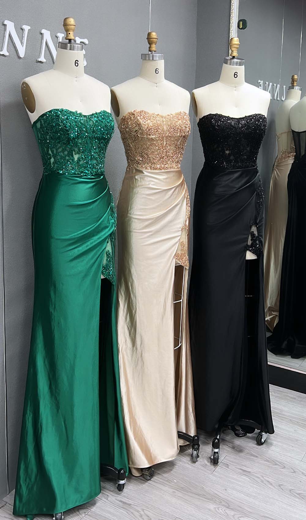 YQLNNE Green Fitted High Slit Satin Prom Dresses Mermaid