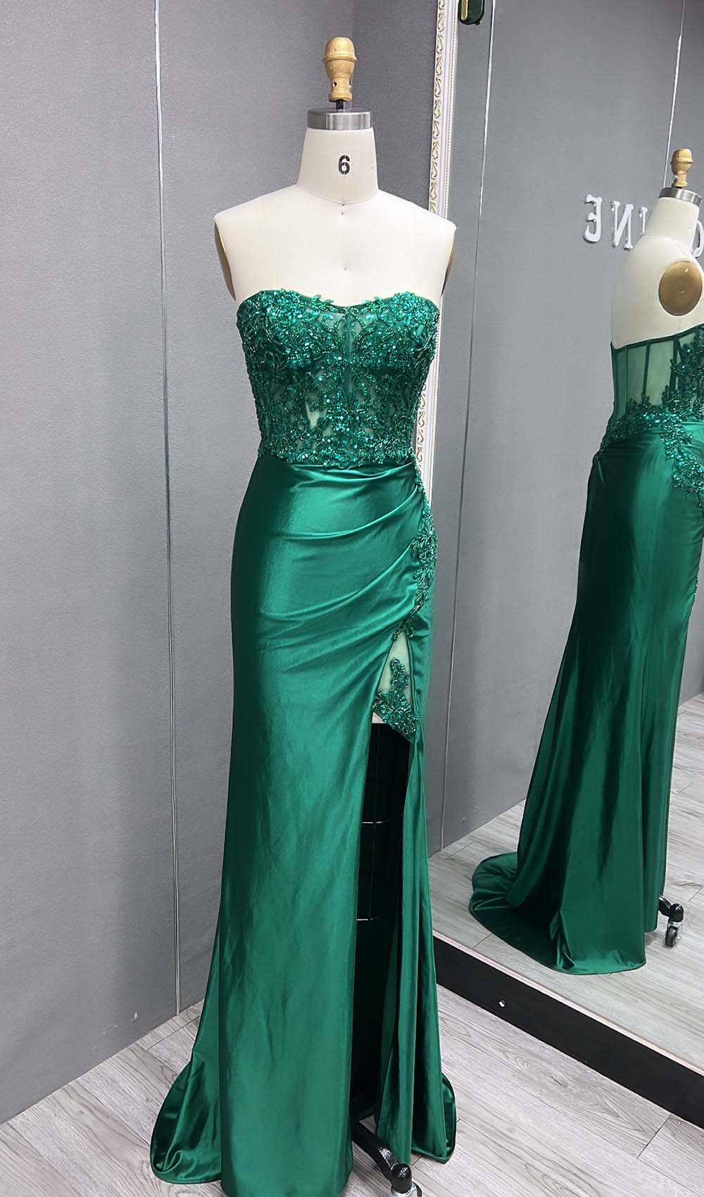 YQLNNE Green Fitted High Slit Satin Prom Dresses Mermaid