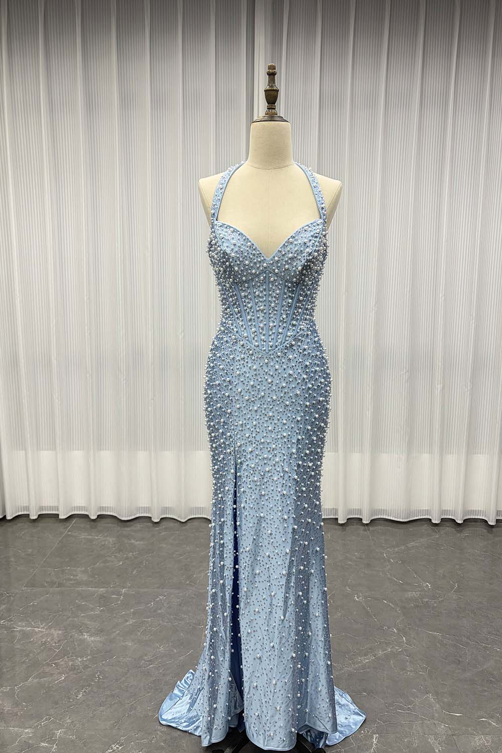 YQLNNE PD13 Sky Blue Crystals Pearls Long Prom Dresses Mermaid