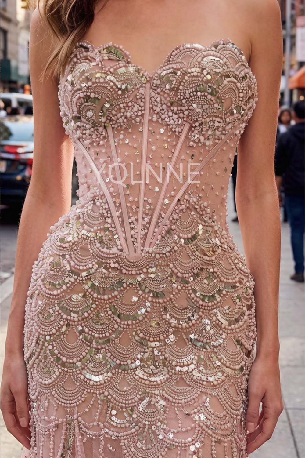 YQLNNE M1999 Luxury Nude Long Prom Dresses With Beaded Pearls