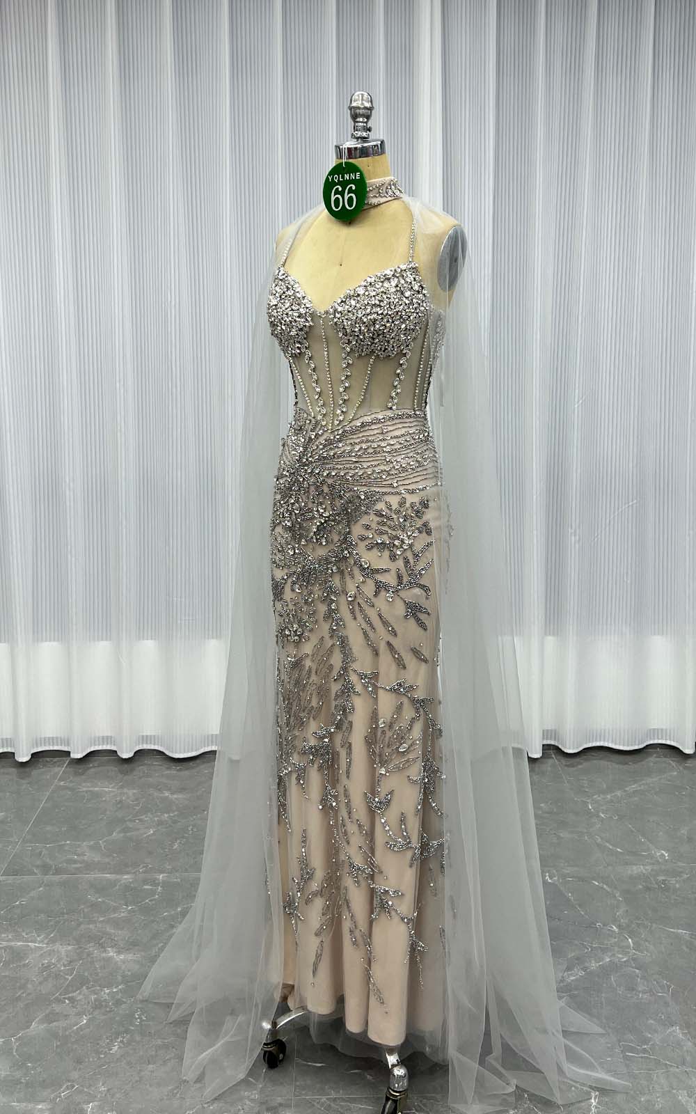 YQLNNE 066 Silver Nude Rhinestones Long Evening Dress Mermaid Party Dress With Cape
