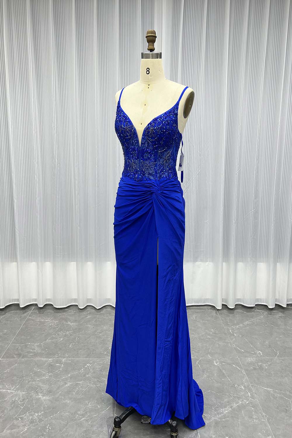 Sexy Royal Blue Straps Long Prom Dresses Cystals Beaded Women Party Dress