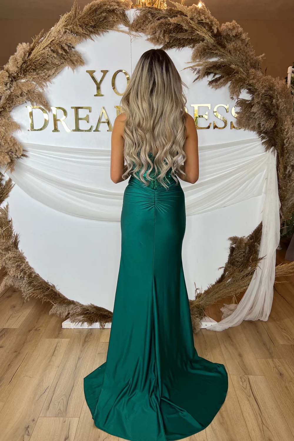 Green Beading Long Slit Prom Dresses