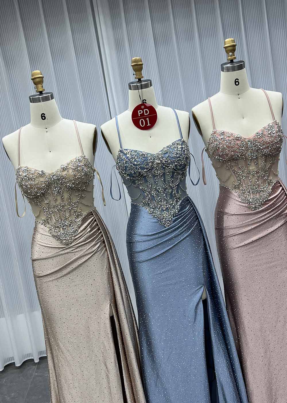 YQLNNE PD01 Champagne Straps Crystals Long Prom Dresses Lace-up Back