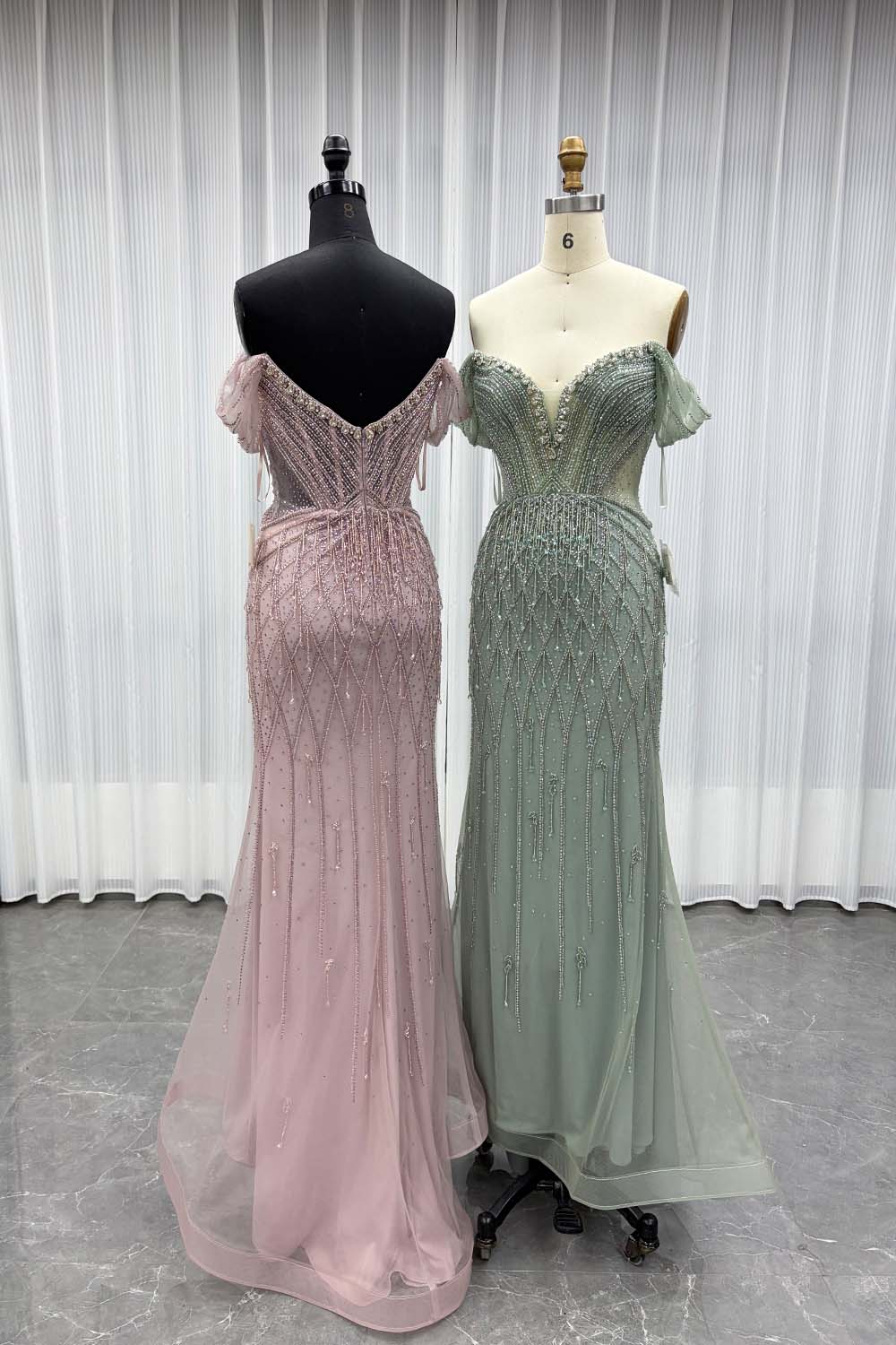 YQLNNE 062 Sage Crystals Mermaid Evening Dress Off the Shoulder