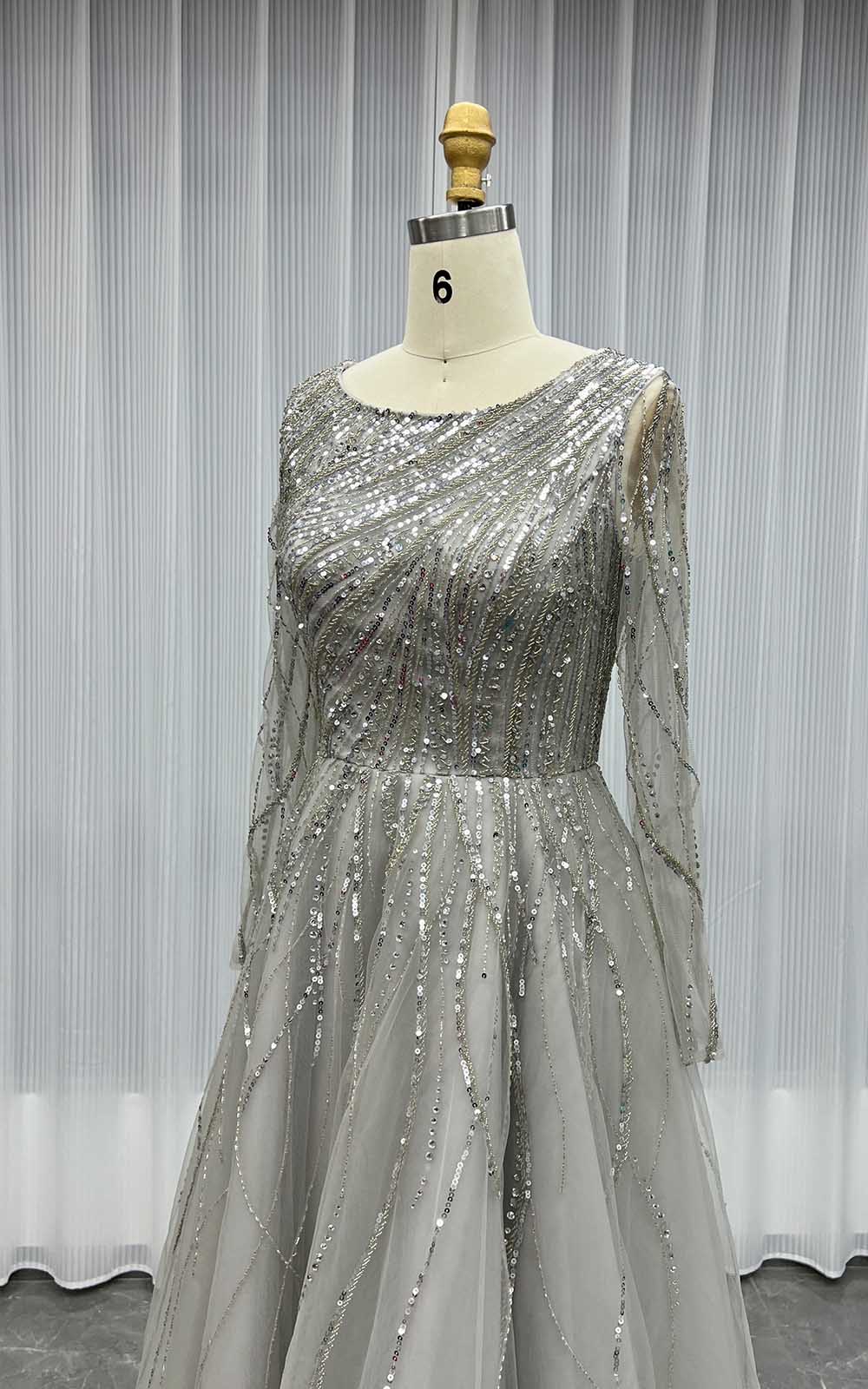 YQLNNE Modest Dark Green Long Sleeves Evening Dress Handmade Beaded