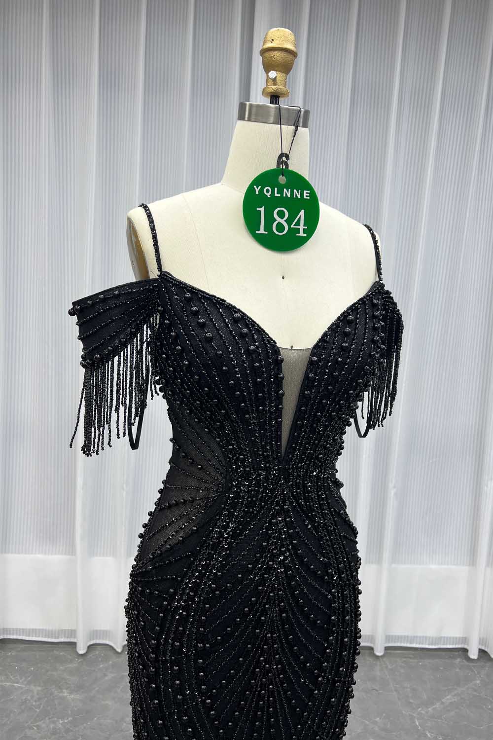 YQLNNE 0184 Black Beaded Mermaid Long Evening Dress Prom Gown