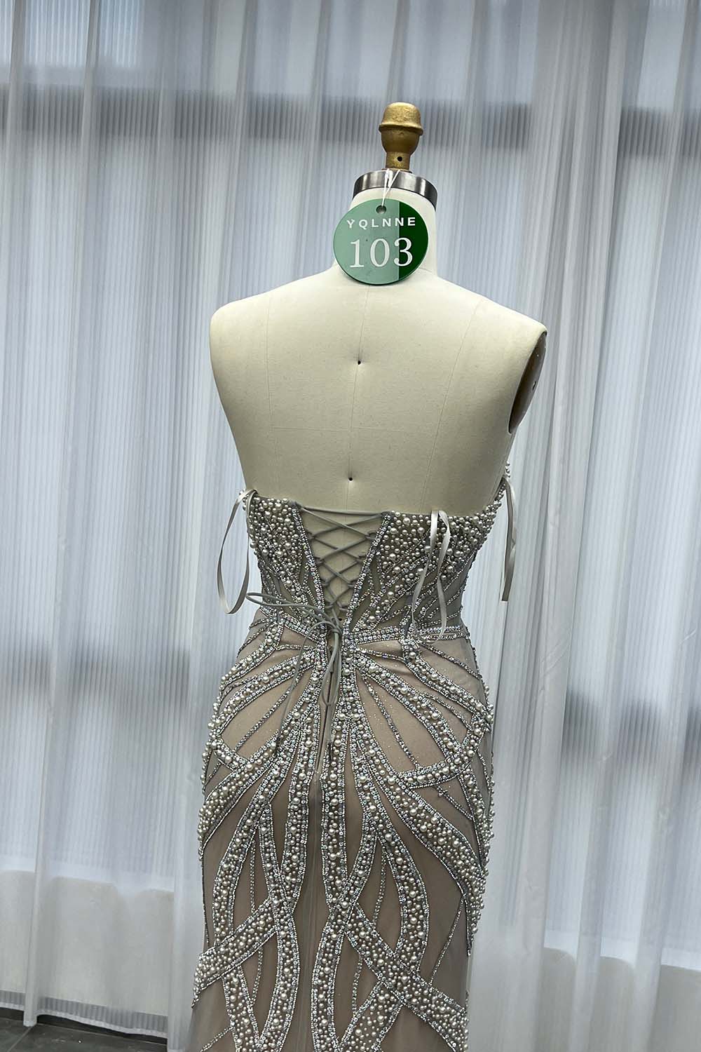 YQLNNE 0103 Silver Nude Long Prom Dress With Crystals Pearls