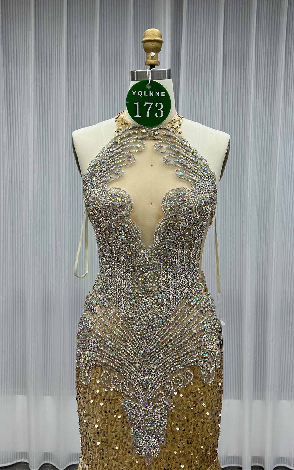 YQLNNE 0173 Gold Crystals Long Prom Dress Halter Sequined Formal Gown
