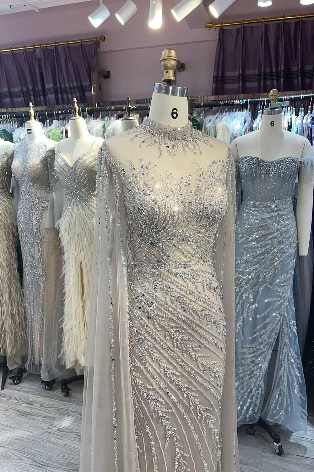 YQLNNE 049 Nude Handmade Beaded Evening Dress With Cape Sleeves