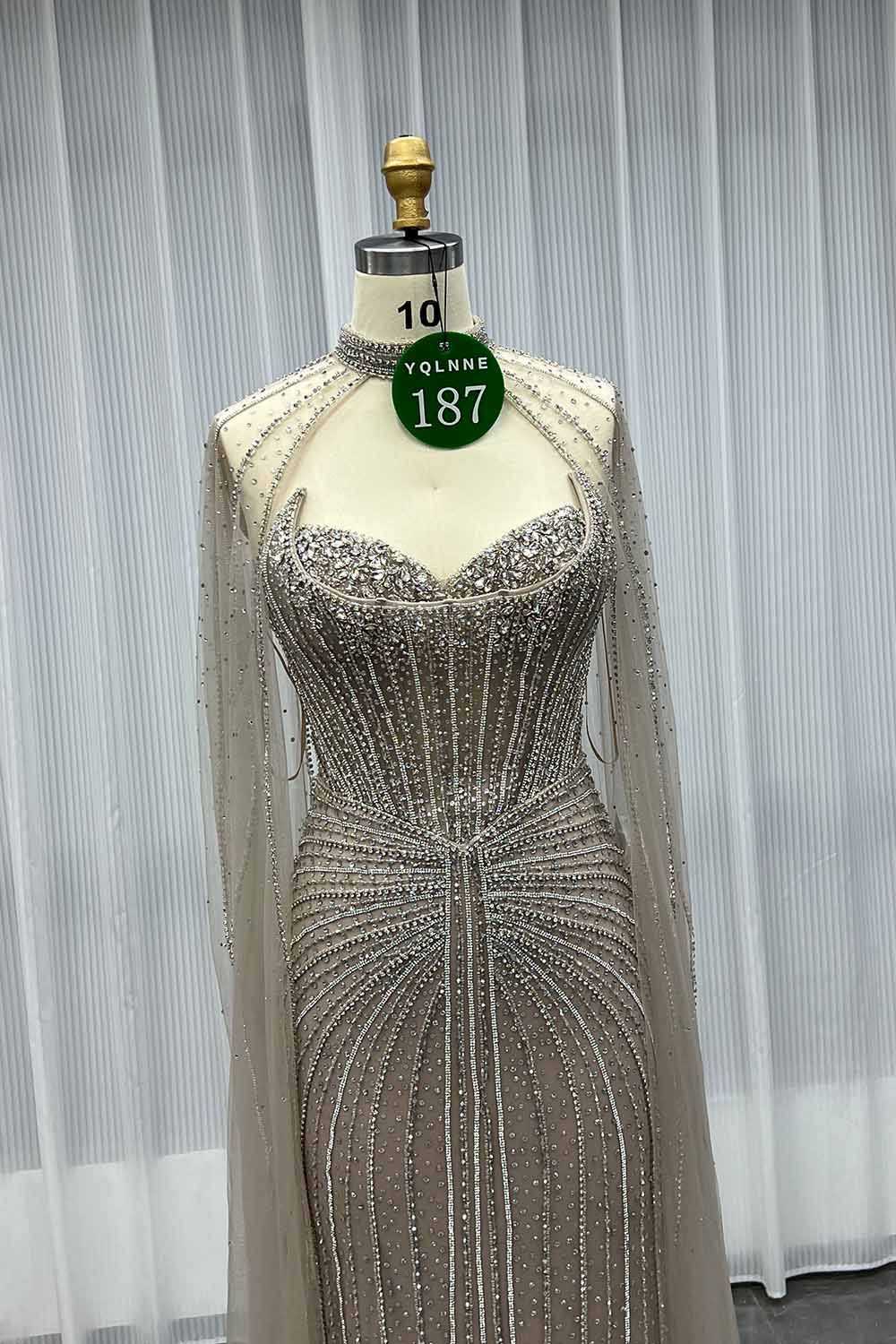 YQLNNE 0187 Pink Crystals Evening Dress With Removable Shawl