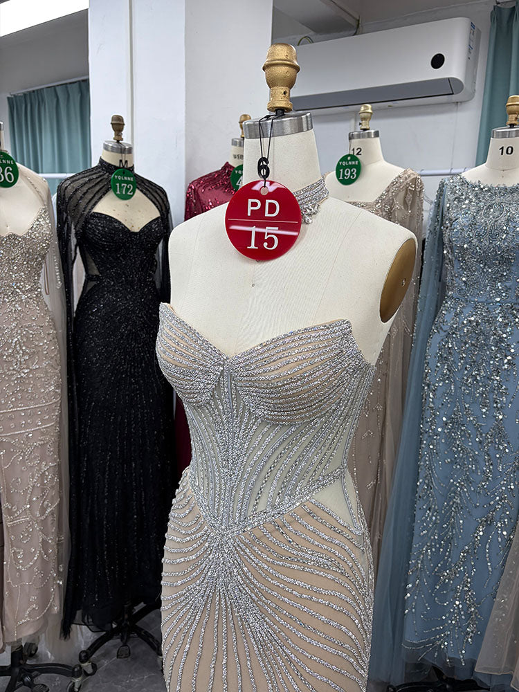 YQLNNE PD015 Silver Nude Slit Long Prom Dress Crystals Mermaid