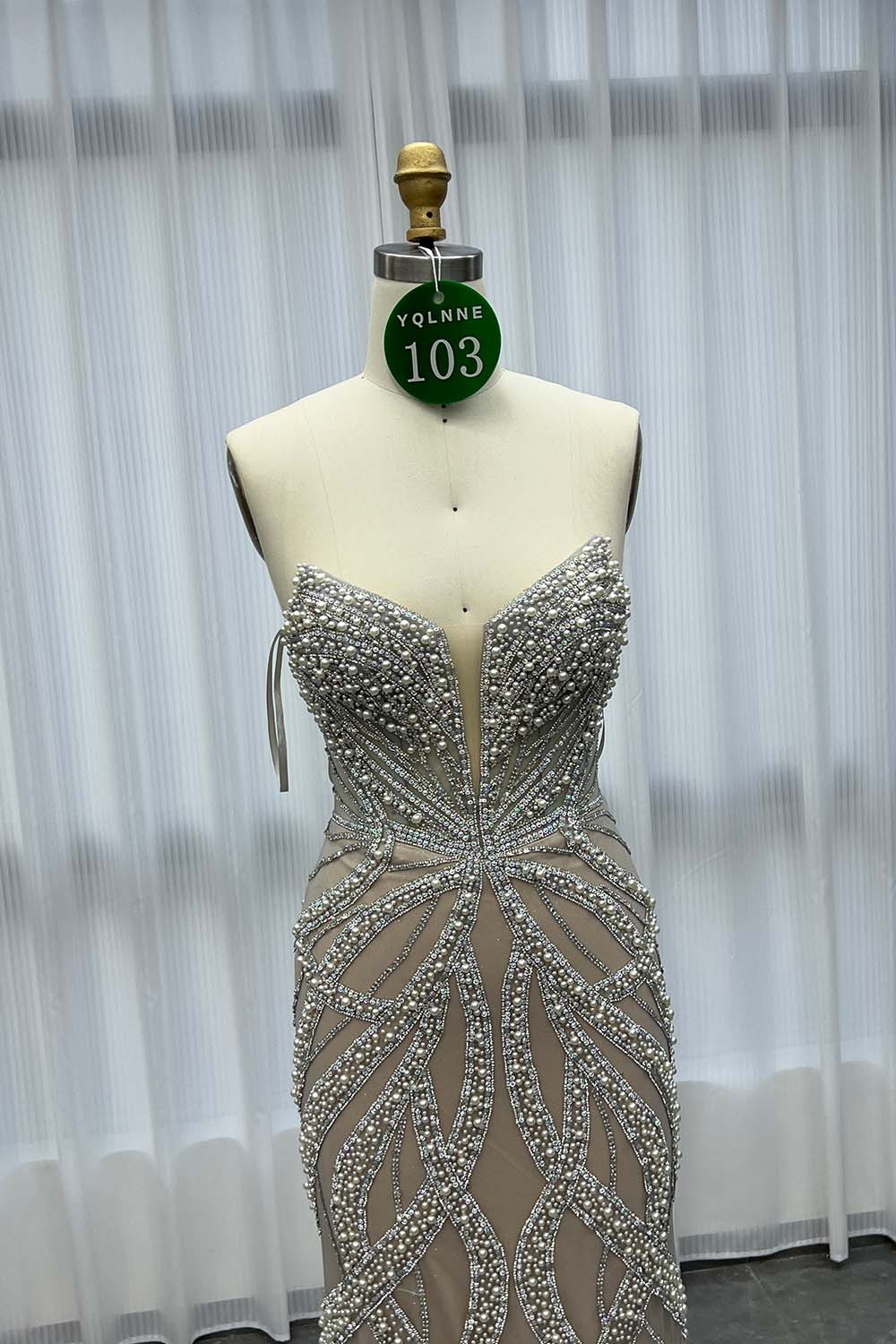 YQLNNE 0103 Silver Nude Long Prom Dress With Crystals Pearls