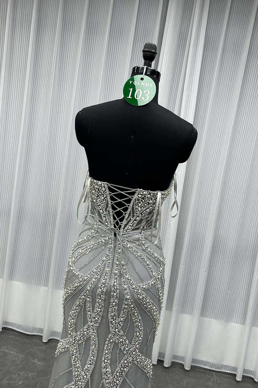 YQLNNE 0103 Silver Pearls Crystals Long Mermaid Evening Dress
