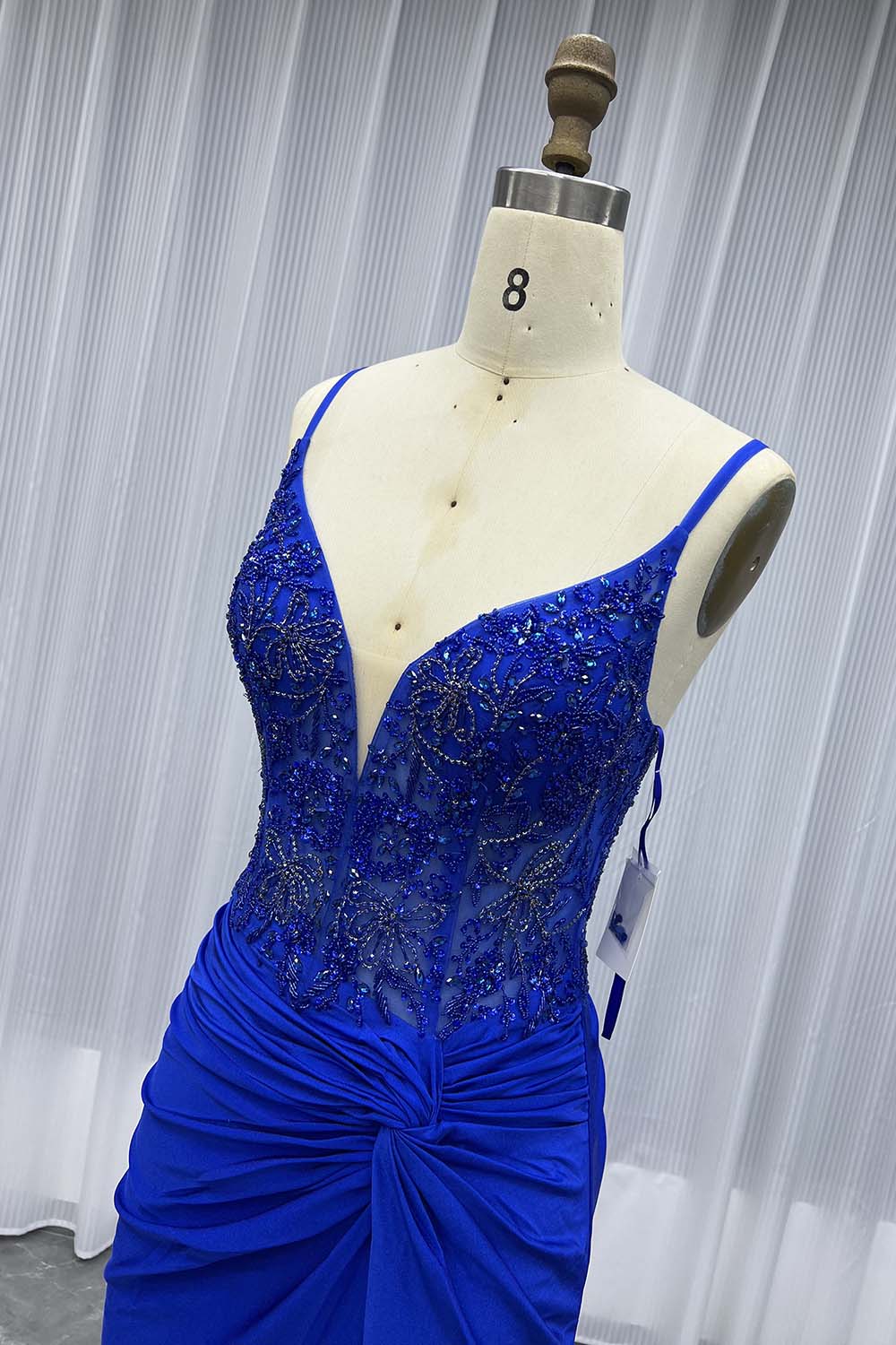 Sexy Royal Blue Straps Long Prom Dresses Cystals Beaded Women Party Dress