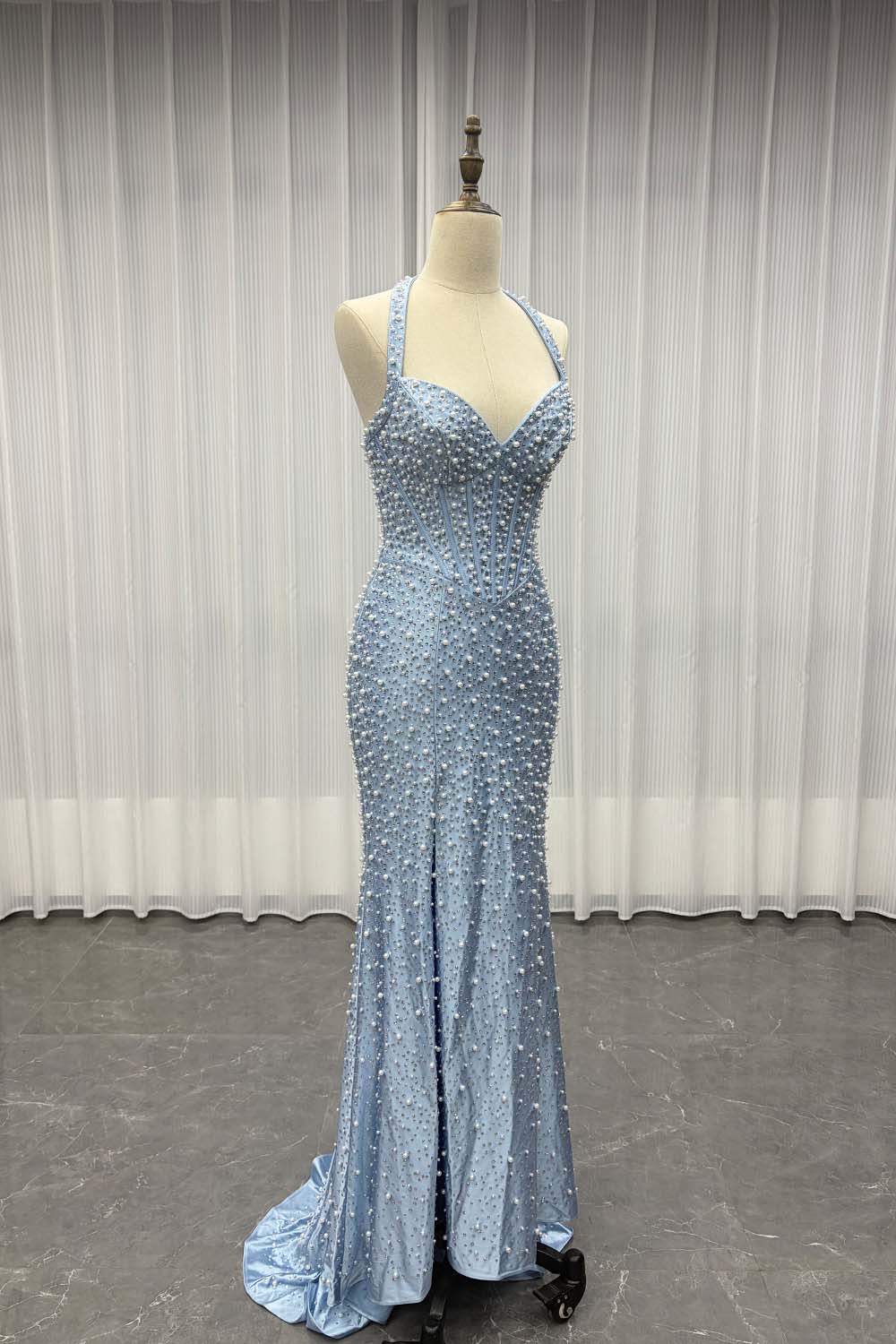 YQLNNE PD13 Sky Blue Crystals Pearls Long Prom Dresses Mermaid