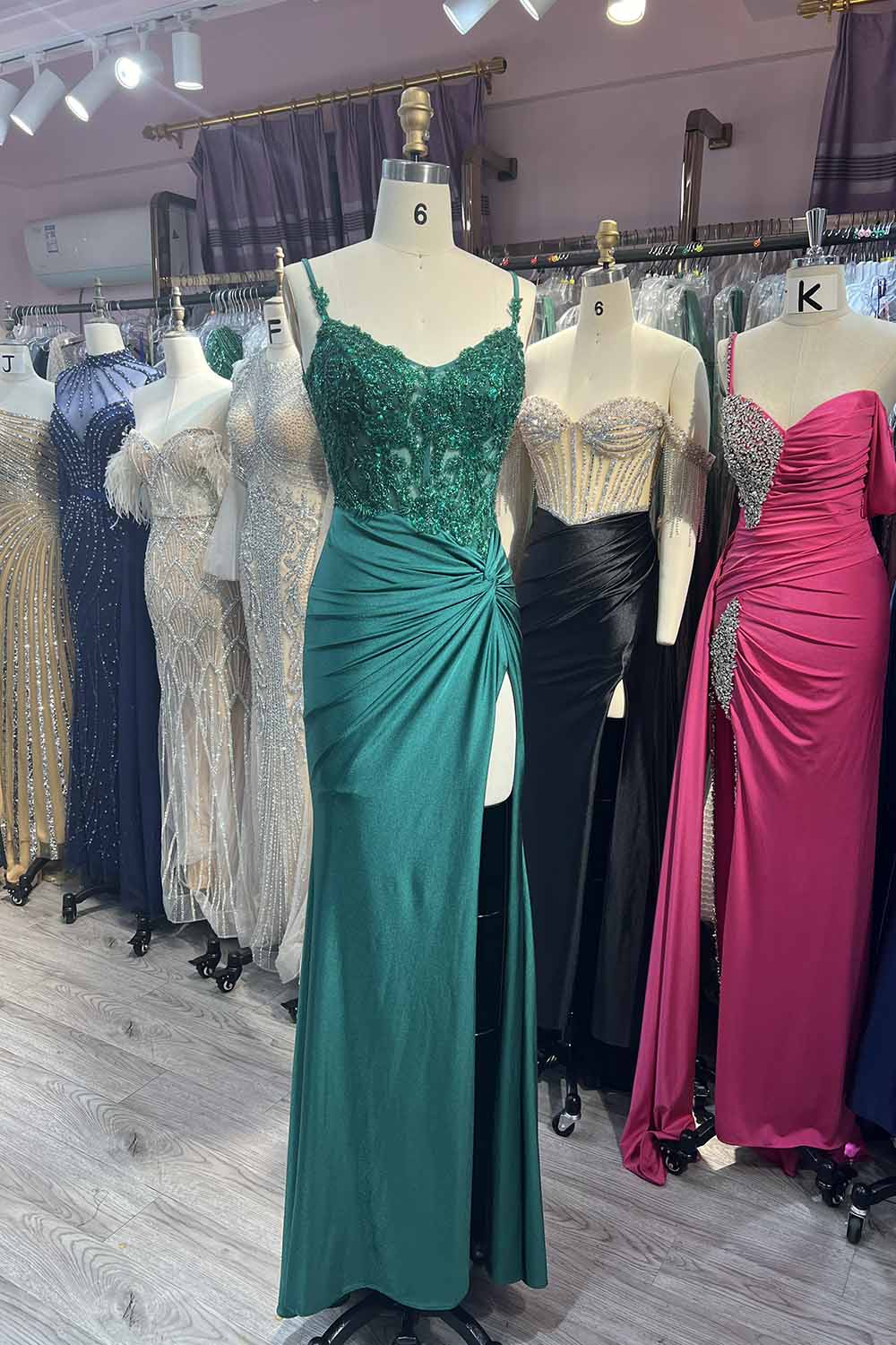 Green Beading Long Slit Prom Dresses