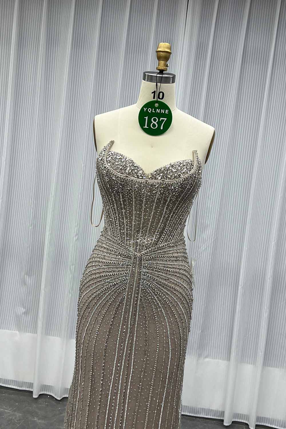 YQLNNE 0187 Pink Crystals Evening Dress With Removable Shawl