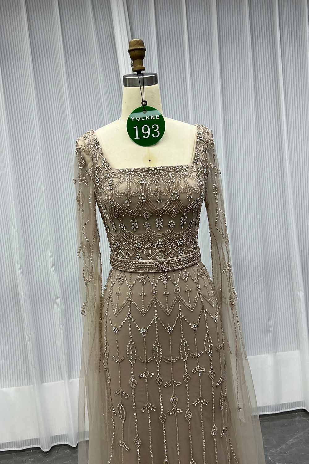 YQLNNE 0193 Modest Nude Square Collar Evening Dress With Handmade Crystals Beaded