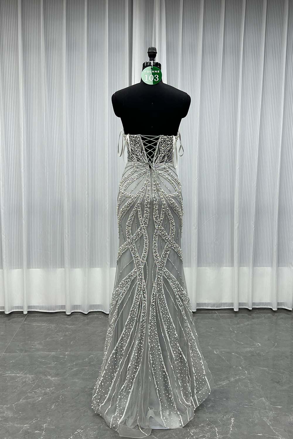 YQLNNE 0103 Silver Pearls Crystals Long Mermaid Evening Dress