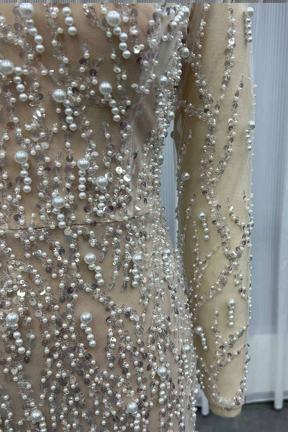 YQLNNE 0144 Modest Beige Full Sleeves Evening Dress High Collar Pearls Beaded Formal Gown