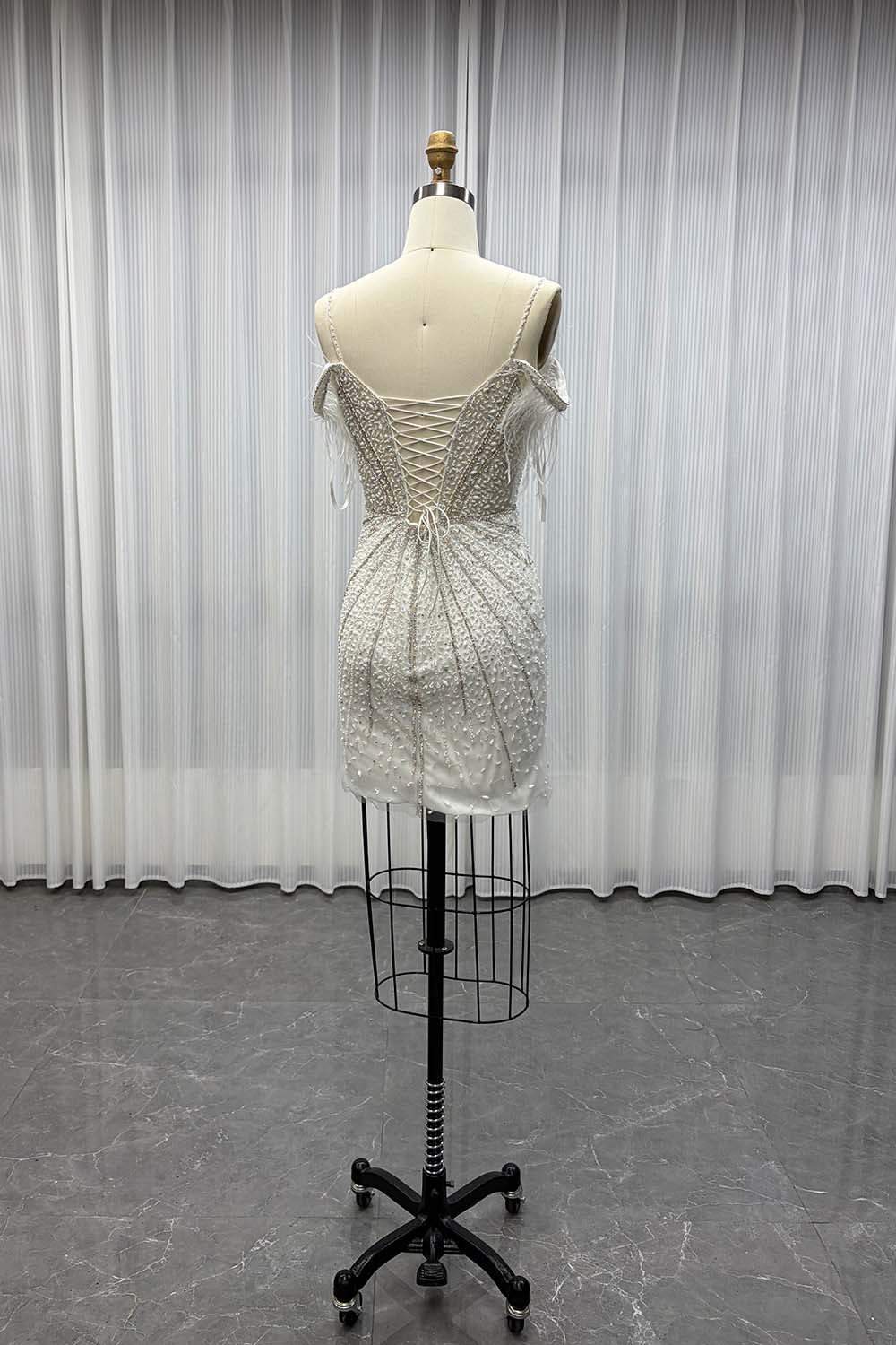YQLNNE White Short Feathers Party Dress Handmade Crystals Beaded