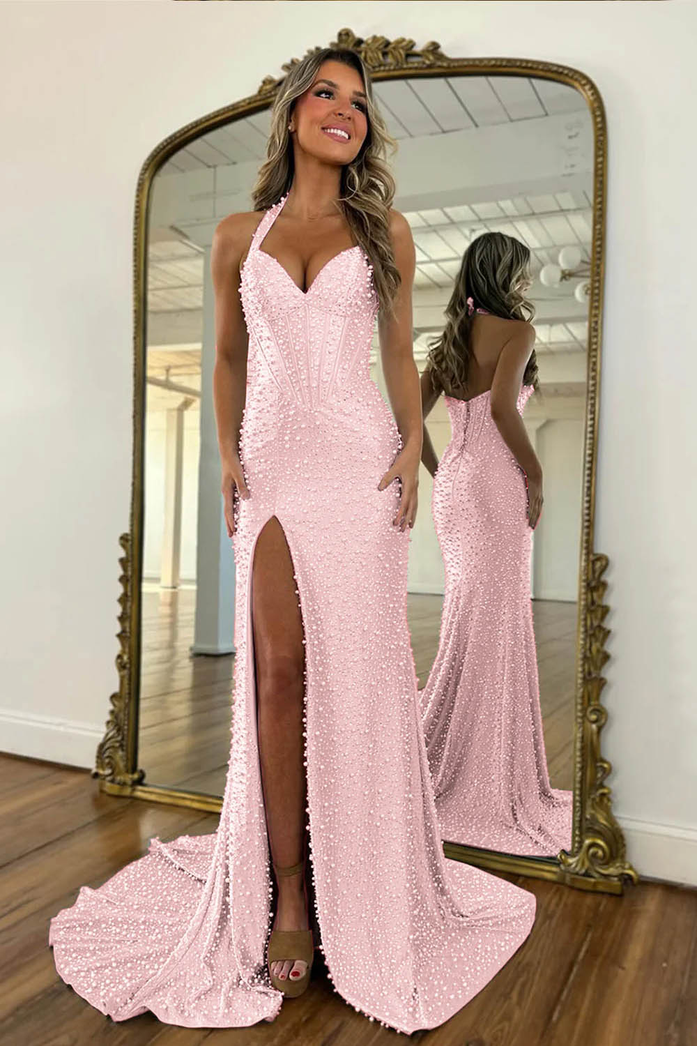 Gorgeous Light Blue Halter Mermaid Slit Prom Dress With Beaded Pearls