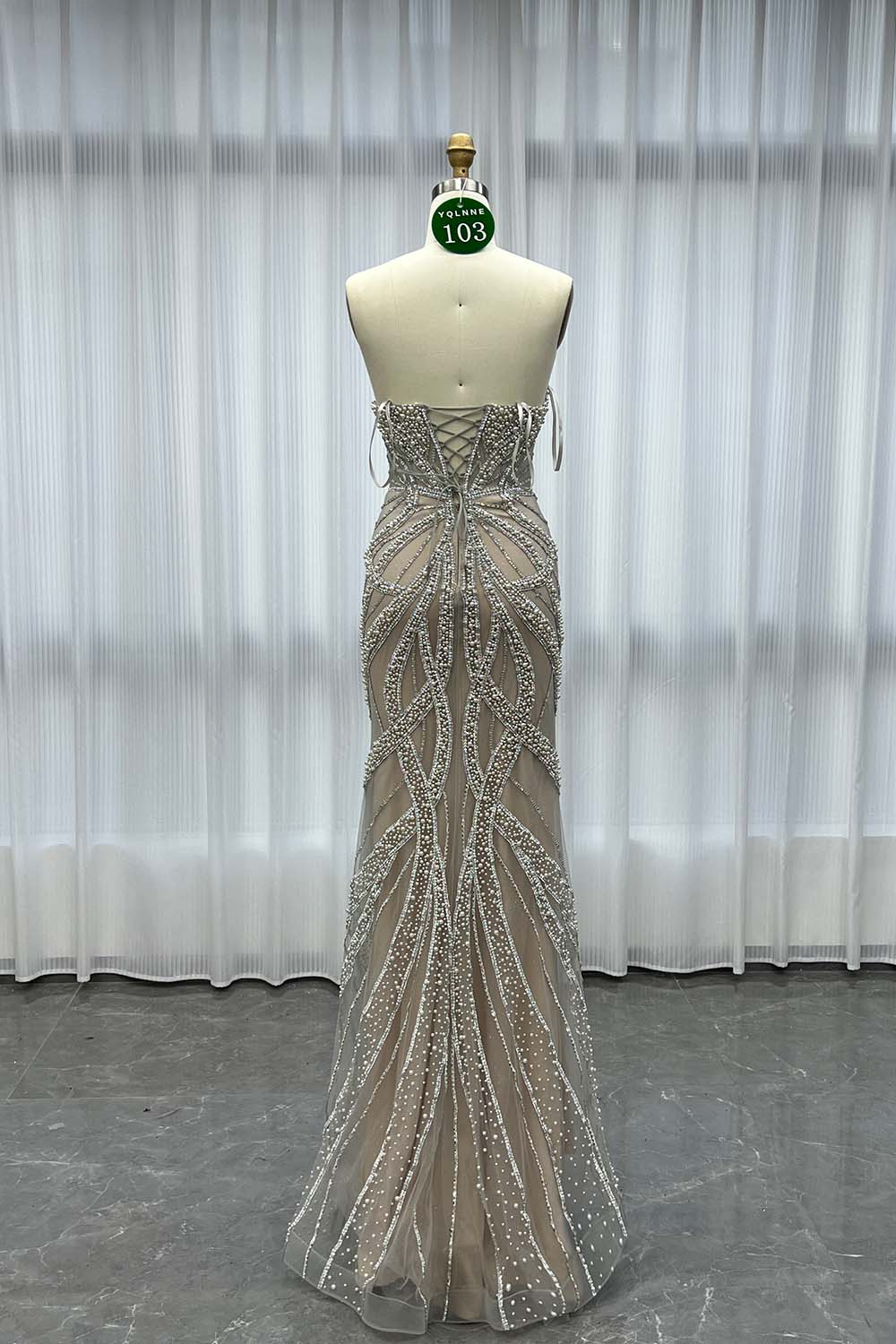 YQLNNE 0103 Silver Nude Long Prom Dress With Crystals Pearls