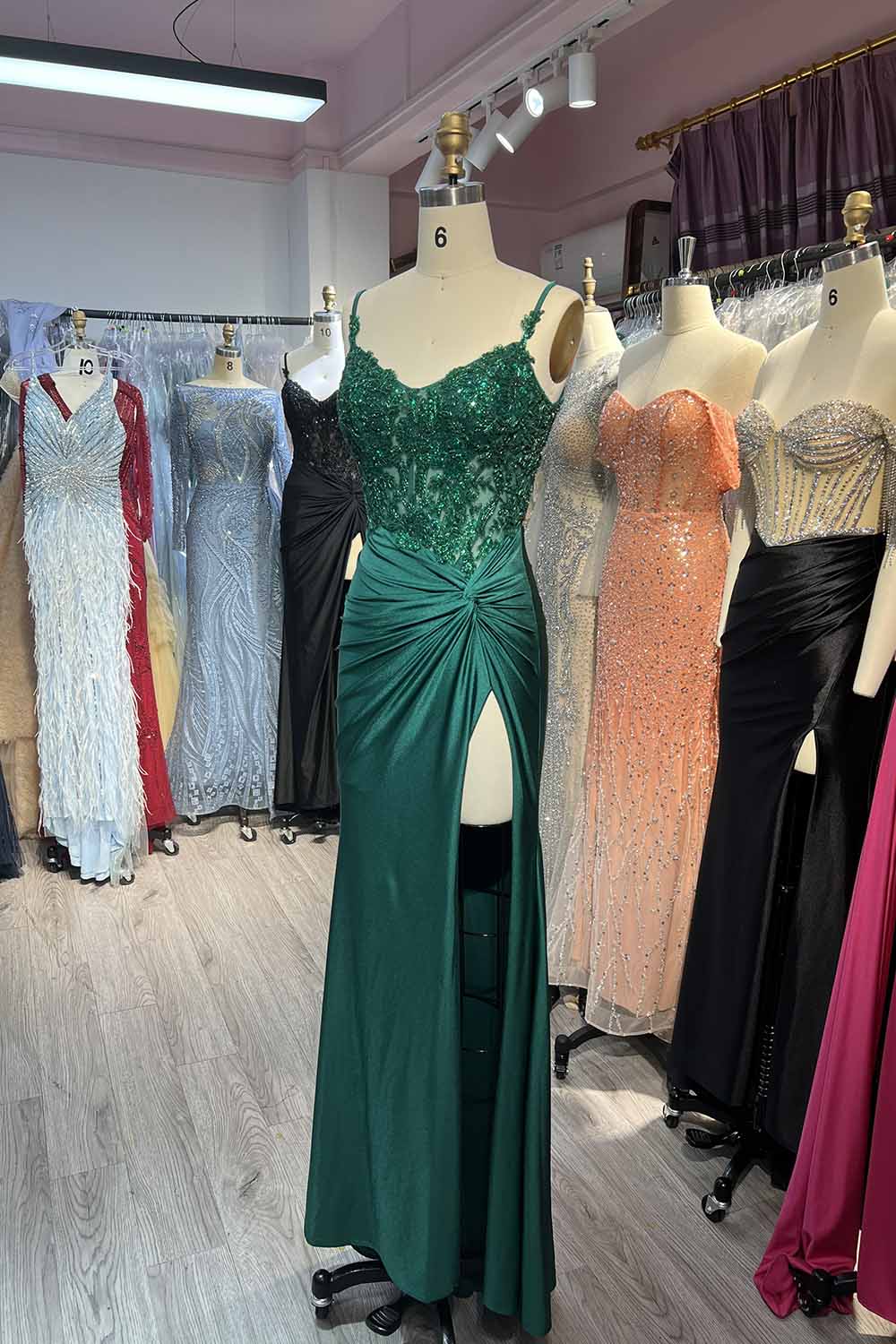 Green Beading Long Slit Prom Dresses