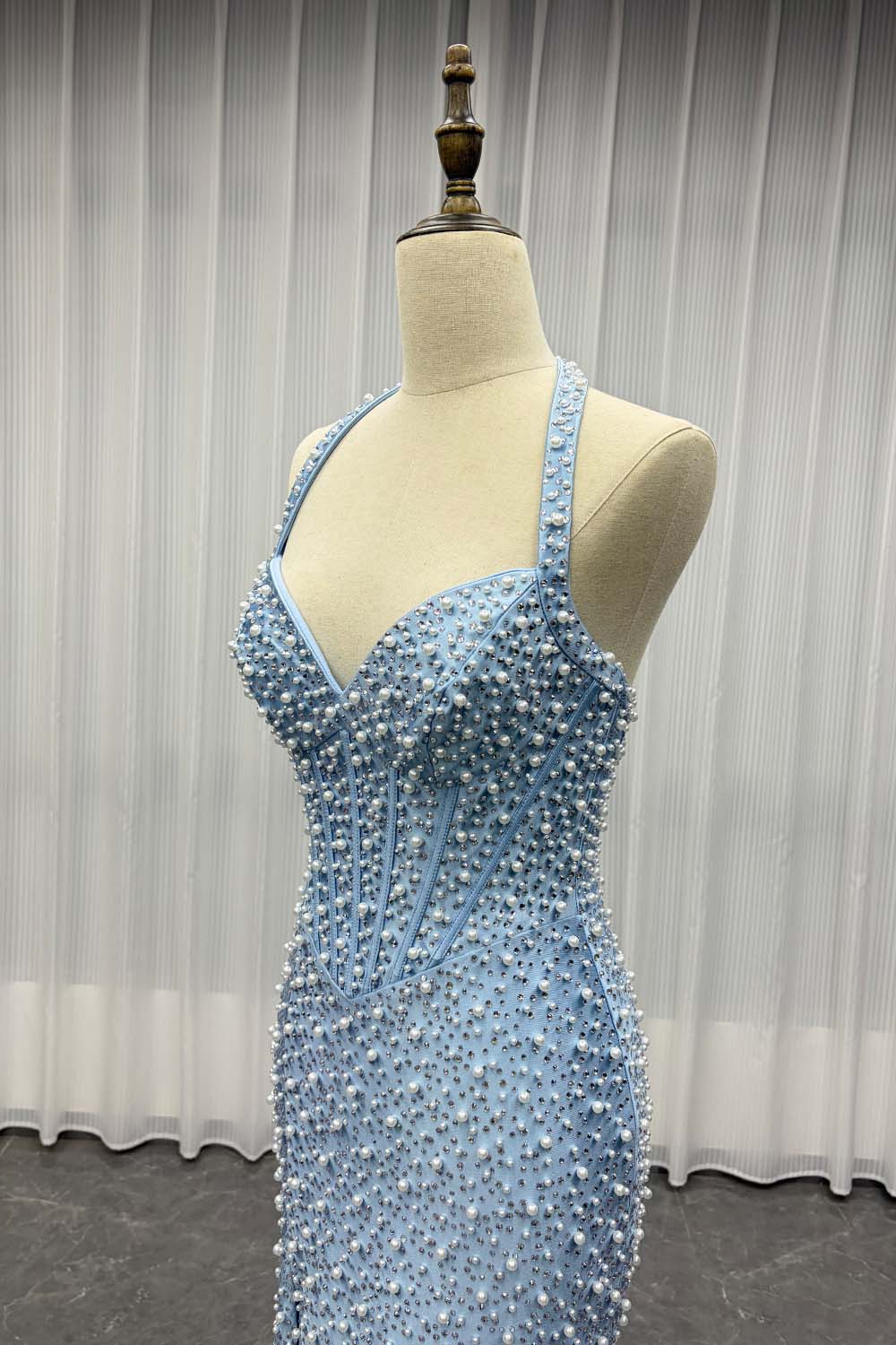 YQLNNE PD13 Sky Blue Crystals Pearls Long Prom Dresses Mermaid