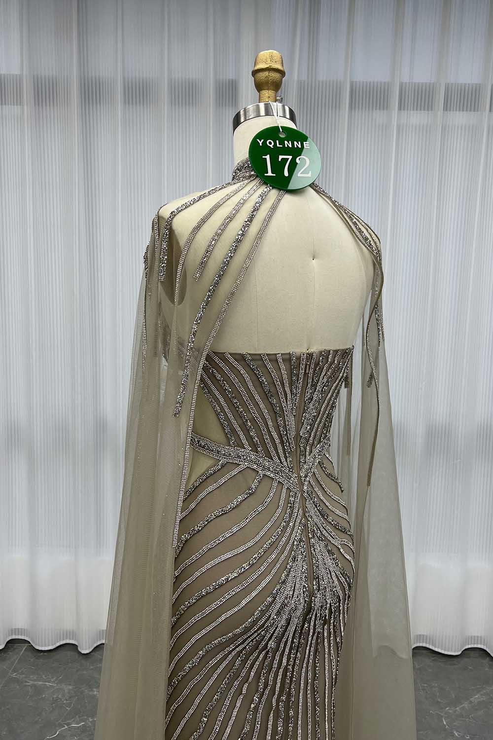 YQLNNE 0172 Blue Crystals Long Evening Dress With Shawl