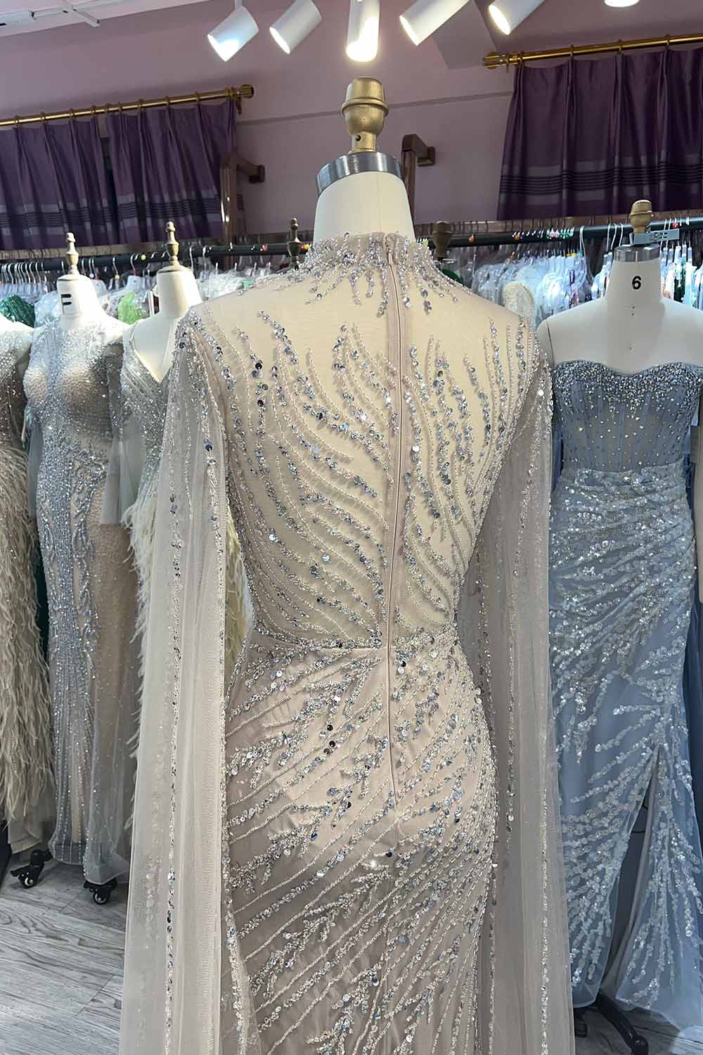 YQLNNE 049 Nude Handmade Beaded Evening Dress With Cape Sleeves