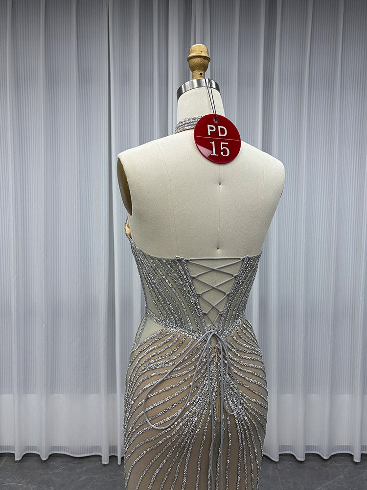 YQLNNE PD015 Silver Nude Slit Long Prom Dress Crystals Mermaid