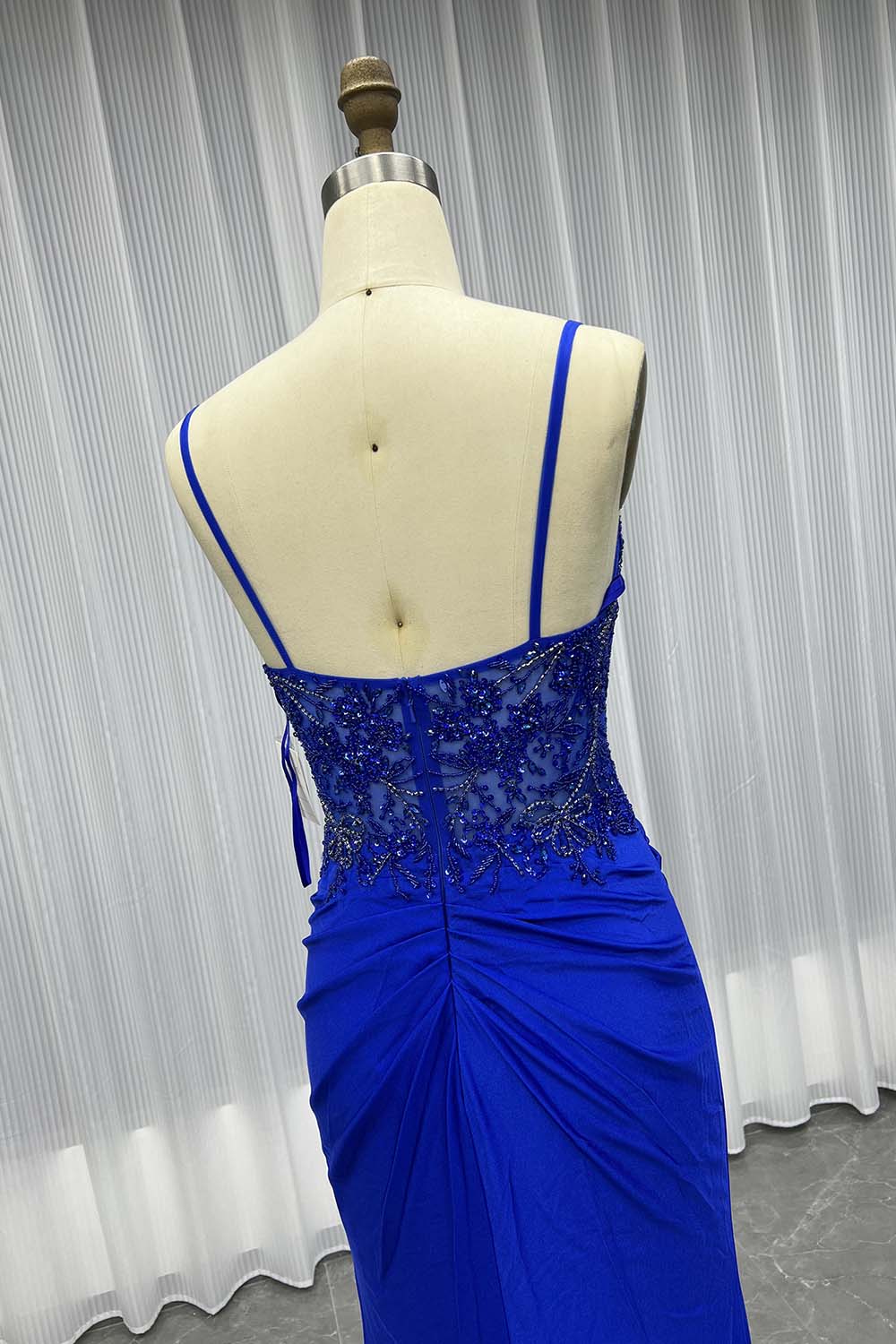 Sexy Royal Blue Straps Long Prom Dresses Cystals Beaded Women Party Dress