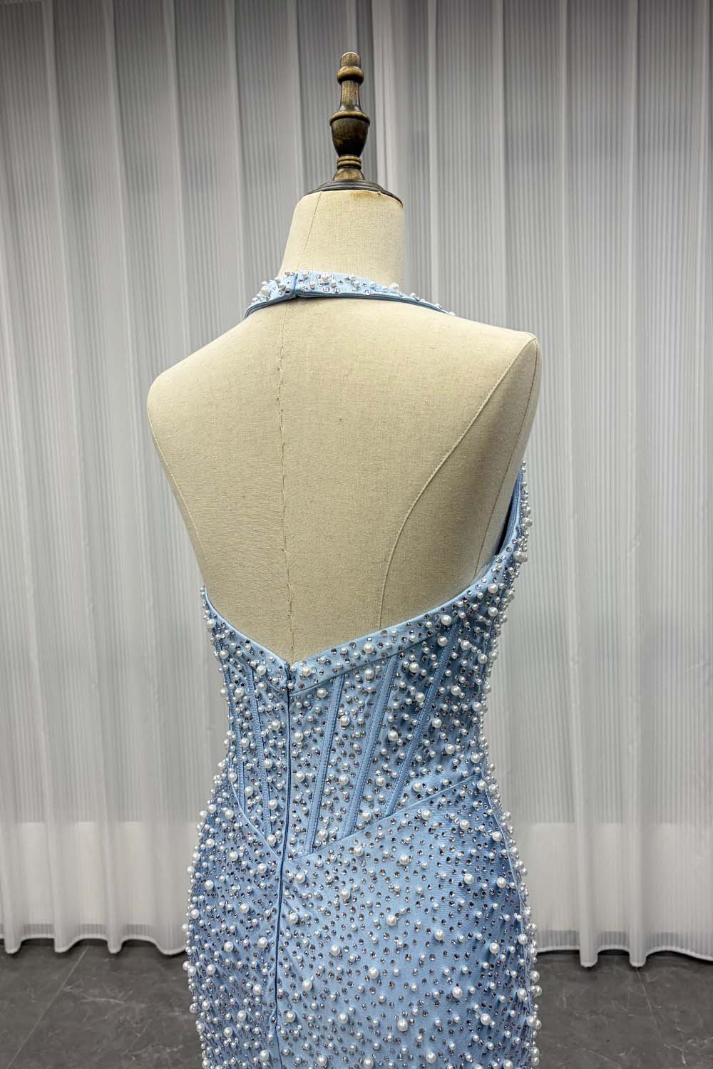 YQLNNE PD13 Sky Blue Crystals Pearls Long Prom Dresses Mermaid