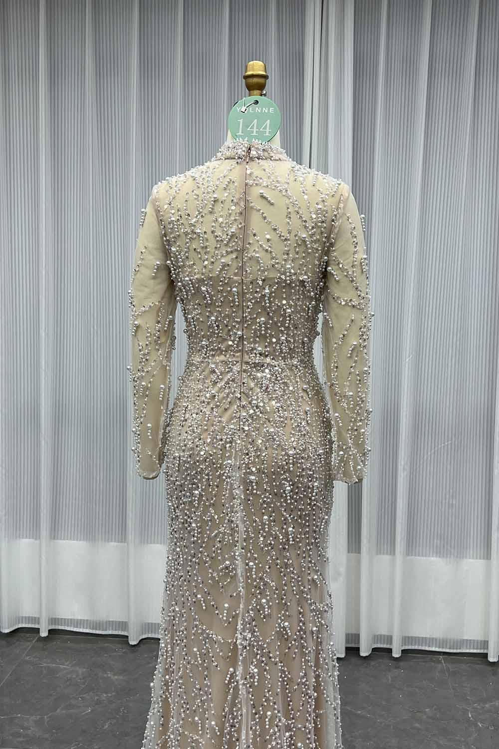 YQLNNE 0144 Modest Beige Full Sleeves Evening Dress High Collar Pearls Beaded Formal Gown